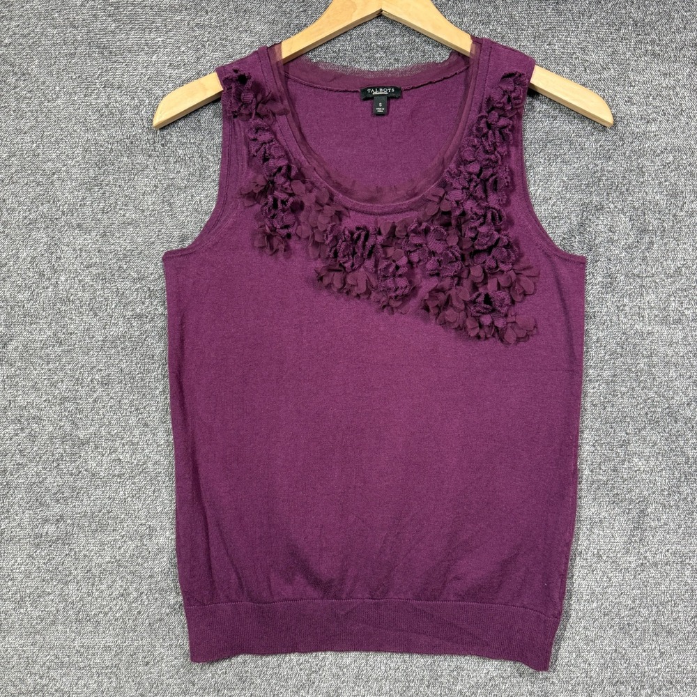 Talbots Top Size S Plum Purple 3D Floral Applique Sleeveless Knit Sweater Shell